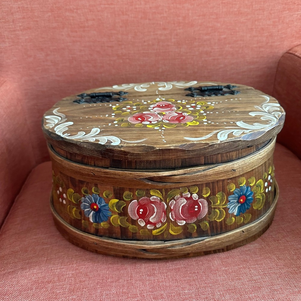 Vintage Hand Painted Wooden Bentwood Box Oval Folk Art Floral Rose Trinket Box